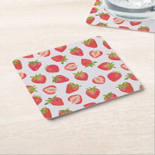Posavasos Cuadrado De Papel Patrón de fresa de verano rosa rojo