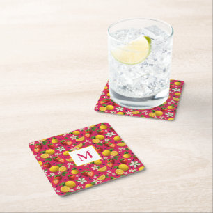 Posavasos Cuadrado De Papel Patrón de fresa y limón frescos