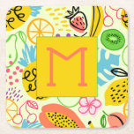 Posavasos Cuadrado De Papel Patrón de fruta moderno<br><div class="desc">Su monograma inicial aparece en estas galletitas verdes pálidas que presentan un patrón de fruta moderno de piñas,  peras,  naranjas,  cerezas,  papaya,  uvas,  kiwis y melocotones. ¡También puedes poner este diseño en otros productos!</div>