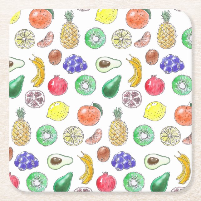 Posavasos Cuadrado De Papel Patrón de frutas (Anverso)