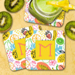 Posavasos Cuadrado De Papel Patrón de frutas de verano pintado a mano<br><div class="desc">El primer monograma aparece en estas tiras que presentan un patrón de fruta moderno de piñas,  peras,  naranjas,  cerezas,  papaya,  uvas,  kiwis y melocotones. ¡También puedes poner este diseño en otros productos!</div>