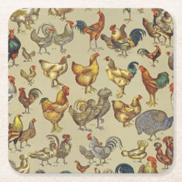 Posavasos Cuadrado De Papel Patrón de gallo vintage: Arte de granja