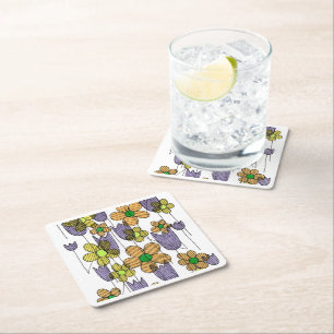 Posavasos Cuadrado De Papel Patrón de garabato floral retro de los 70 Fiesta f