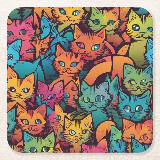 Posavasos Cuadrado De Papel Patrón de gatitos (Anverso)