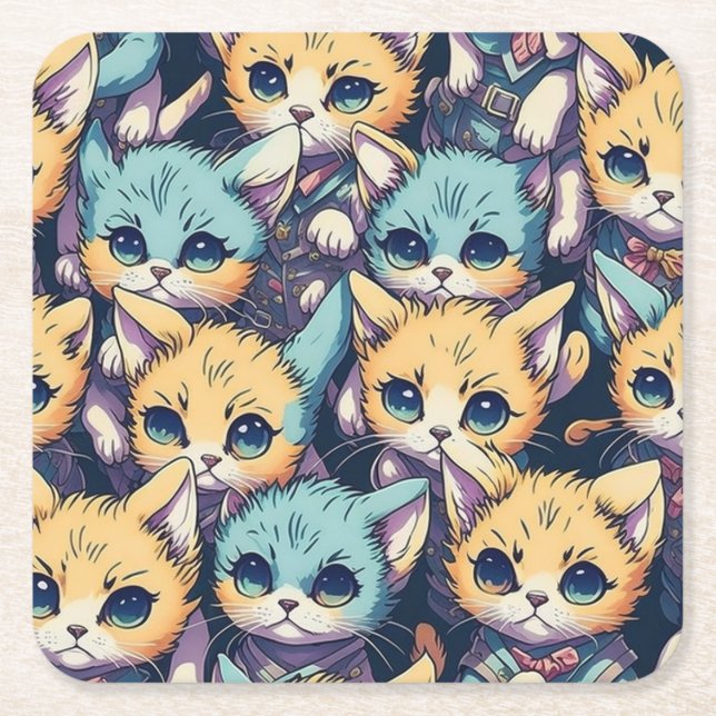Posavasos Cuadrado De Papel Patrón de gatitos (Anverso)