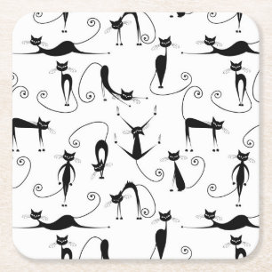 Posavasos Cuadrado De Papel Patrón de gato negro delgado caprichoso