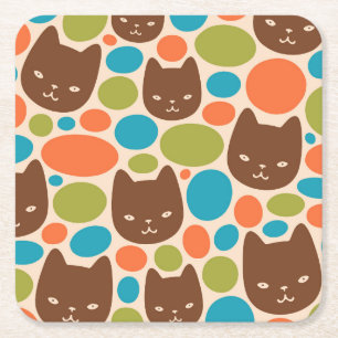 Posavasos Cuadrado De Papel Patrón de gatos de punto de polka