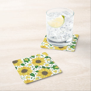 Posavasos Cuadrado De Papel Patrón de girasol acuarela