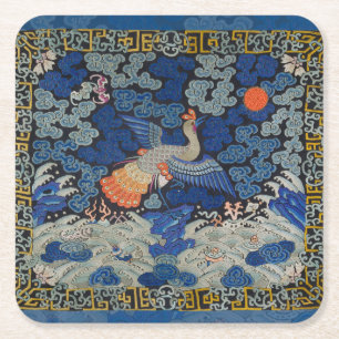 Posavasos Cuadrado De Papel Patrón de grulla china vintage: azul imperial