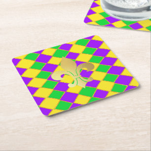 Posavasos Cuadrado De Papel Patrón de Harlequin del Mardi Gras de color púrpur