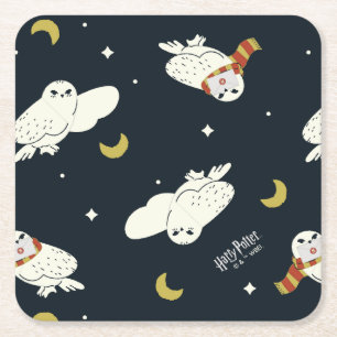Posavasos Cuadrado De Papel Patrón de Hedwig bajo la luz de la luna nocturna