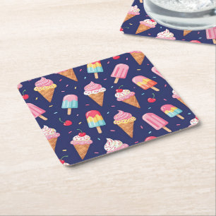 Posavasos Cuadrado De Papel Patrón de helado, paletas y cerezas
