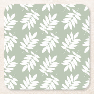 Posavasos Cuadrado De Papel Patrón de hoja de saúco blanco sobre verde