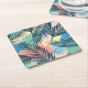 Posavasos Cuadrado De Papel Patrón de hoja tropical pastoral