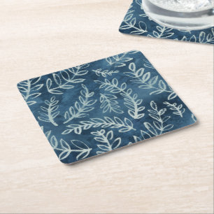 Posavasos Cuadrado De Papel Patrón de hojas de índigo azul