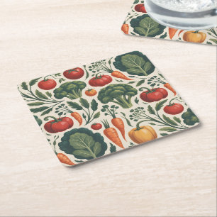 Posavasos Cuadrado De Papel Patrón de jardín de verduras botánicas vintage