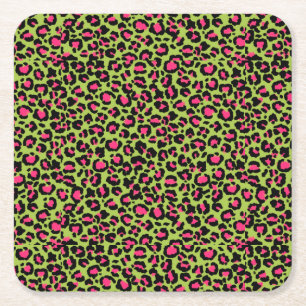 Posavasos Cuadrado De Papel Patrón de leopardo en frambuesa sobre verde lima