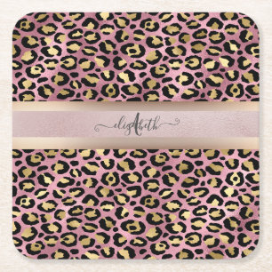 Posavasos Cuadrado De Papel Patrón de Leopardo Monograma Rosa Dorado Negro