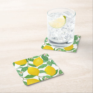 Posavasos Cuadrado De Papel Patrón de limón blanco verde amarillo