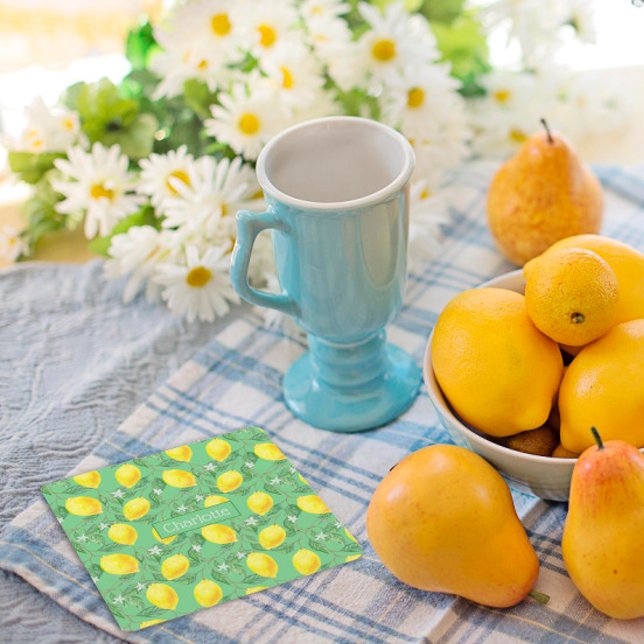 Posavasos Cuadrado De Papel Patrón de limón nombre personalizado amarillo verd (Subido por el creador)