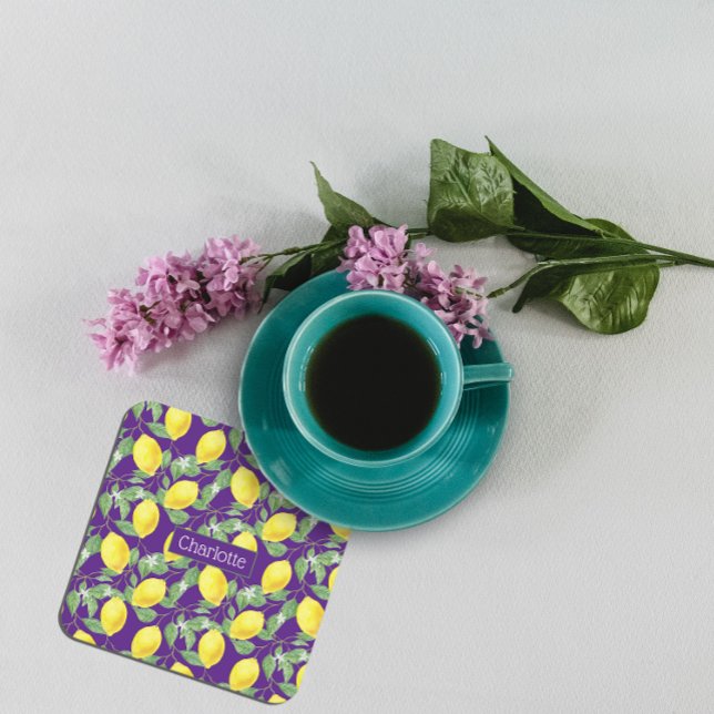 Posavasos Cuadrado De Papel Patrón de limón nombre personalizado púrpura amari (Subido por el creador)