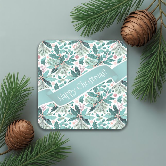 Posavasos Cuadrado De Papel Patrón de los Navidades verde azulados Holly Berri (Subido por el creador)