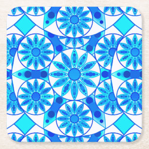 Posavasos Cuadrado De Papel Patrón de Mandala, azul cobalto y turquesa