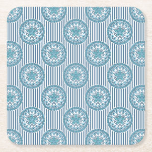 Posavasos Cuadrado De Papel Patrón de mandala azul sobre fondo a rayas