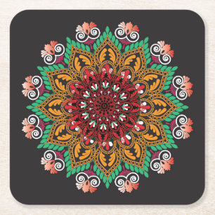 Posavasos Cuadrado De Papel Patrón de mandala floral fresco y colorido