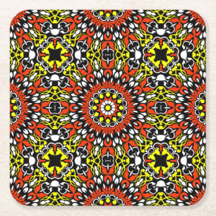 Posavasos Cuadrado De Papel Patrón de Mandala rojo, blanco, amarillo y negro