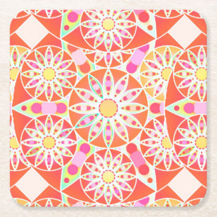 Posavasos Cuadrado De Papel Patrón de Mandala, rojo coral, rosa, dorado