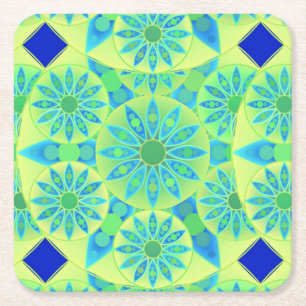 Posavasos Cuadrado De Papel Patrón de mandala, turquesa, azul, verde lima