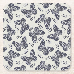 Posavasos Cuadrado De Papel Patrón de mariposa azul oscuro sobre fondo gris