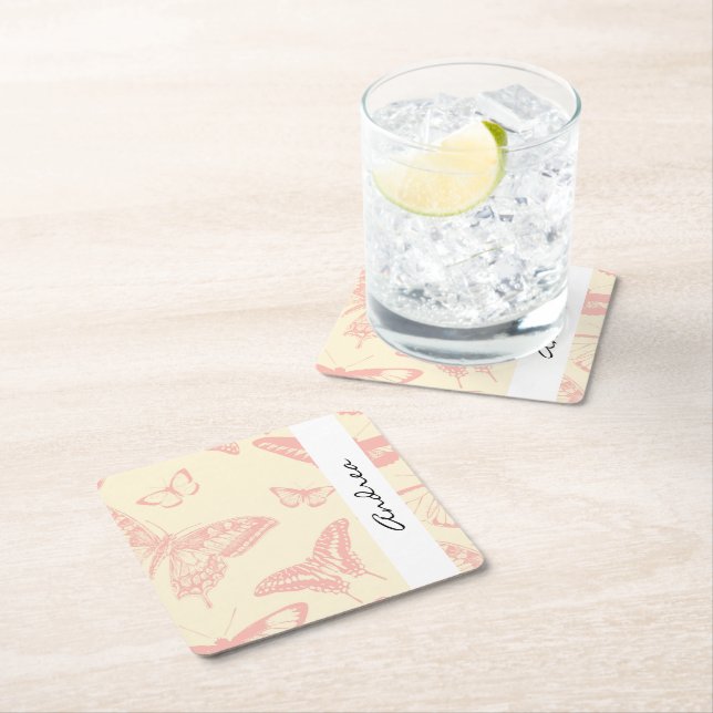 Posavasos Cuadrado De Papel Patrón de mariposa, mariposas rosadas, nombre (In situ)