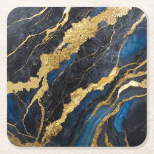 Posavasos Cuadrado De Papel Patrón de mármol azul con oro