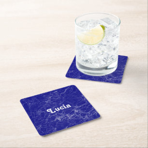Posavasos Cuadrado De Papel Patrón de mármol azul de nombre personalizado