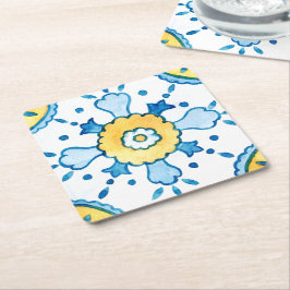 Posavasos Cuadrado De Papel Patrón de mosaico azul y amarillo marroquí