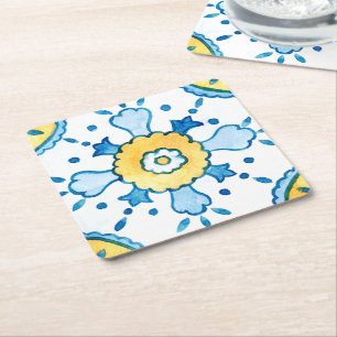 Posavasos Cuadrado De Papel Patrón de mosaico azul y amarillo marroquí