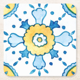 Posavasos Cuadrado De Papel Patrón de mosaico azul y amarillo marroquí