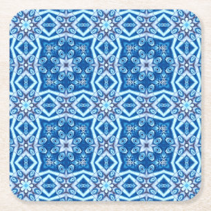 Posavasos Cuadrado De Papel Patrón de mosaico cuadrado floral de nieve azul