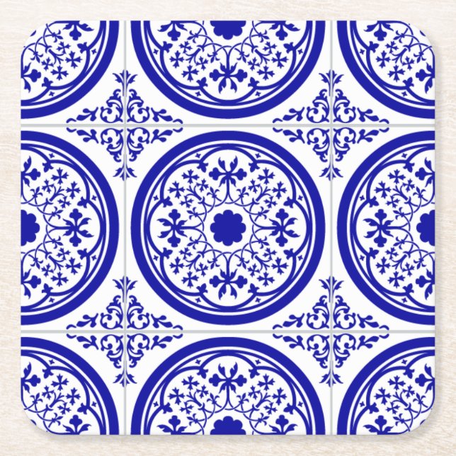 Posavasos Cuadrado De Papel Patrón de mosaico gótico azul blanco (Anverso)