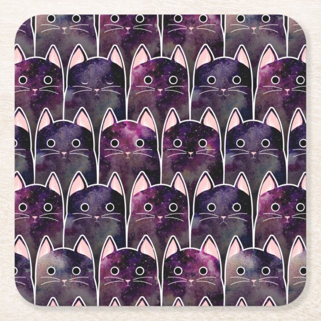 Posavasos Cuadrado De Papel Patrón de muchos gatos galácticos (Anverso)