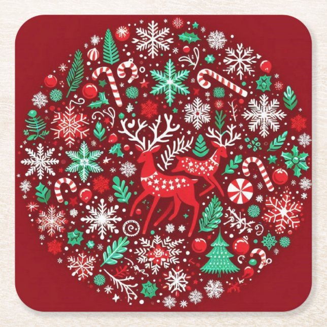 Posavasos Cuadrado De Papel Patrón de Navidad (Anverso)