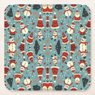 Posavasos Cuadrado De Papel Patrón de navidades con fondo azul