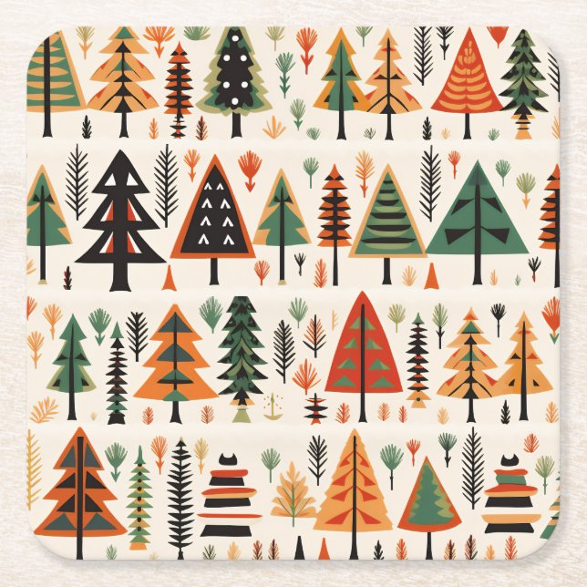 Posavasos Cuadrado De Papel Patrón de Navidades de arte folclórico escandinavo (Anverso)