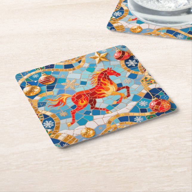 Posavasos Cuadrado De Papel Patrón de Navidades de Caballos Rojos Fiery de Año (En perspectiva)