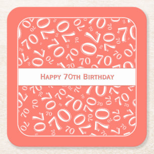 Posavasos Cuadrado De Papel Patrón de número de coral/blanco "Feliz 70 cumplea