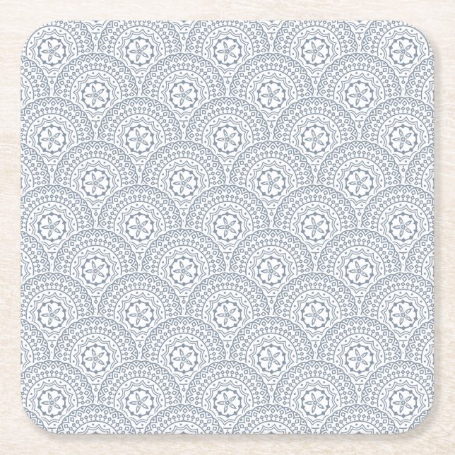 Posavasos Cuadrado De Papel Patrón de ondas de mandala azul sobre fondo blanco (Anverso)