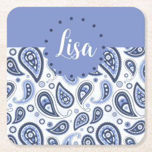 Posavasos Cuadrado De Papel Patrón de paisley azul