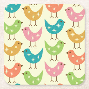 Posavasos Cuadrado De Papel Patrón de pájaros atómicos coloridos de mediados d